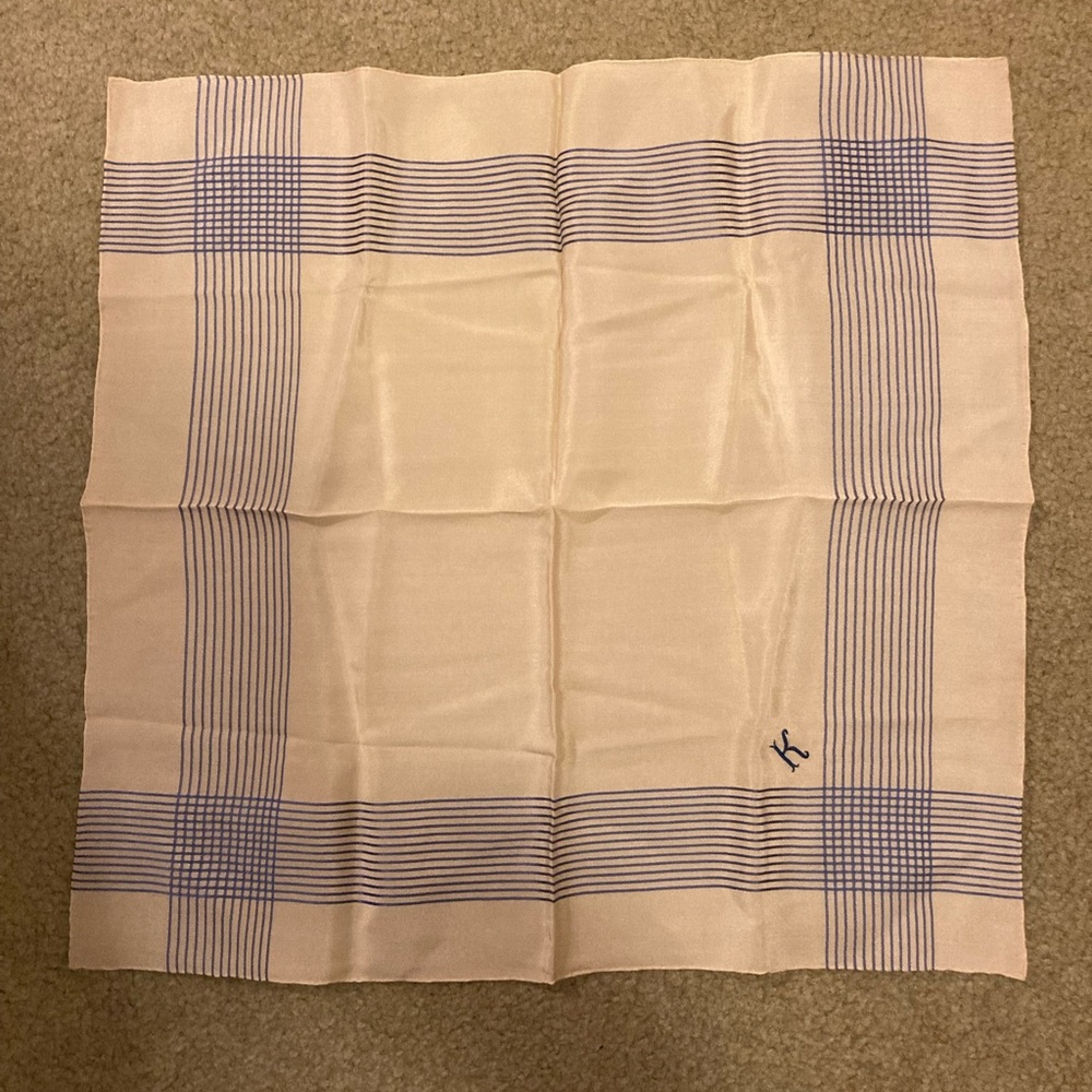 Vintage Mens Handkerchief Madeira Needle Lace Monogram K Ivory/Blue Plaid